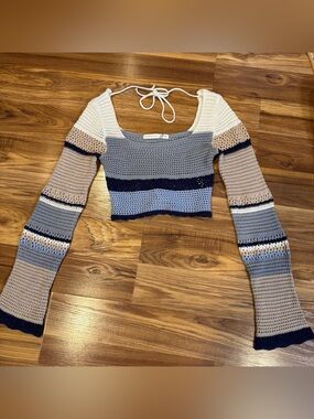 Altar'd State Blue, Cream & Tan Striped Crochet Long-Sleeve Crop Top, XXS